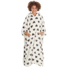 18C832: Older Girls Heart Print Hooded Plush Fleece Long Line Poncho (One Size - 7-13 Years)